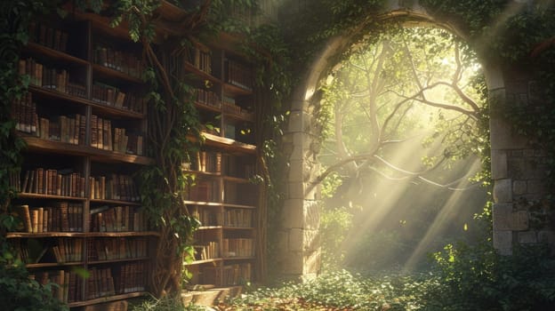 An ancient library in a hidden forest, overgrown with ivy, books filled with forgotten lore, mystical ambiance, sunlight filtering through leaves. Resplendent.