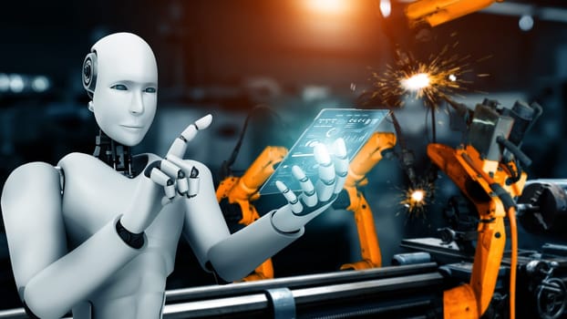 MLP Mechanized industry robot and robotic arms for assembly in factory production. Concept of artificial intelligence for industrial revolution and automation manufacturing process.