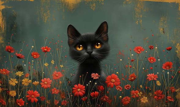 Illustration of a black cat in flowers. Selective focus