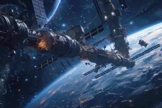 A space station orbiting a distant planet, astronauts conducting spacewalks, and star-filled background. Resplendent.