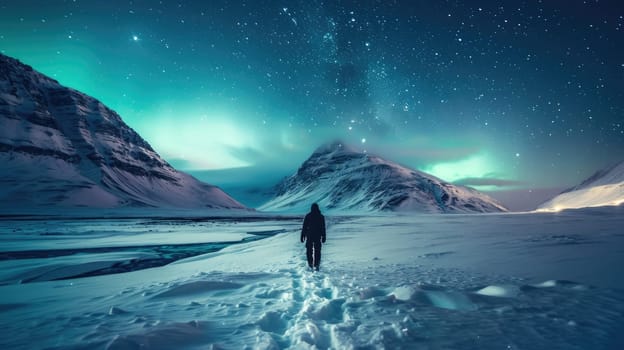 The picture of young or adult human that walking in the north pole or south pole and staring into the sky that fill with aurora and star in the night time yet the bright with aurora or star. AIGX03.