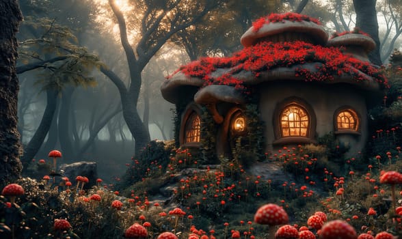A tiny house nestled among trees in a dense forest setting.