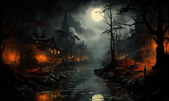 A painting capturing a dense dark forest with a river flowing through it.