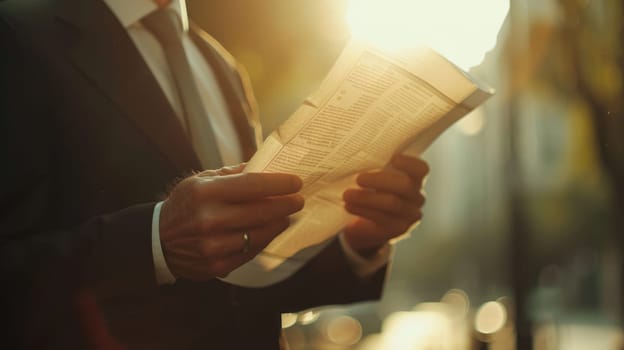 Close up of businessman holding newspaper while planning marketing strategy. Professional project manager wearing suit and reading at news while thinking about financial plan. Focus on hands. AIG42.