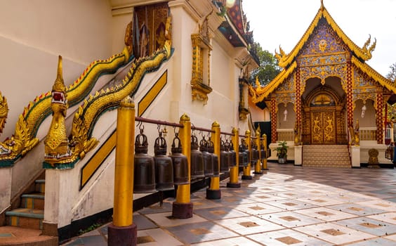 Gong and bell bells at golden gold Wat Phra That Doi Suthep temple temples building in Chiang Mai Amphoe Mueang Chiang Mai Thailand in Southeastasia Asia.