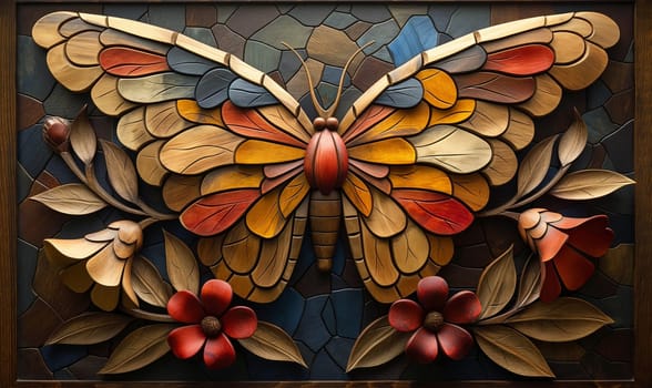 Painting, a butterfly surrounded by bright flowers. Selective focus..Selective focus.
