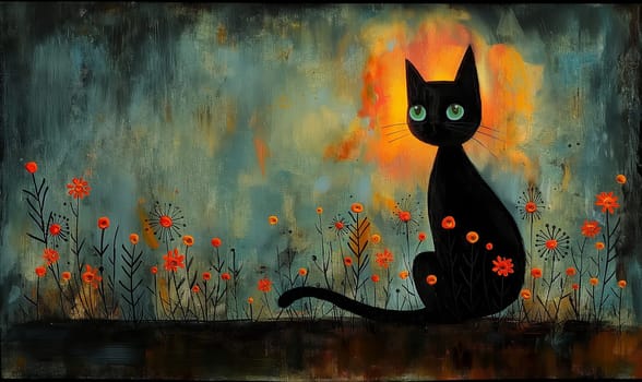Illustration of a black cat in flowers. Selective focus