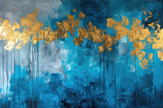 The abstract picture of the gold, blue and red colours that has been painted or splashed on the white blank background wallpaper to form the random shape that cannot be describe yet beautiful. AIGX01.