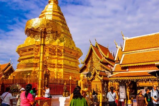 Golden gold stupa pagoda Wat Phra That Doi Suthep temple temples building in Chiang Mai Amphoe Mueang Chiang Mai Thailand in Southeastasia Asia.