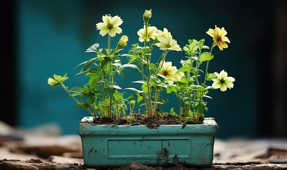 Blue container filled with vibrant yellow flowers.