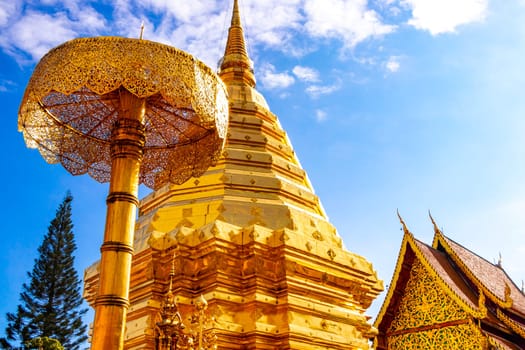 Golden gold stupa pagoda Wat Phra That Doi Suthep temple temples building in Chiang Mai Amphoe Mueang Chiang Mai Thailand in Southeastasia Asia.