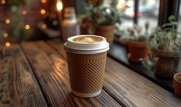A cup of coffee placed on a wooden table.
