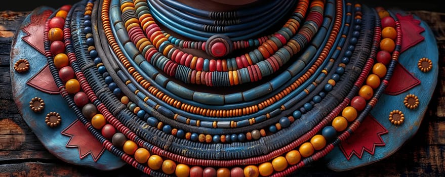 Close-up view of a necklace resting on a piece of wood.