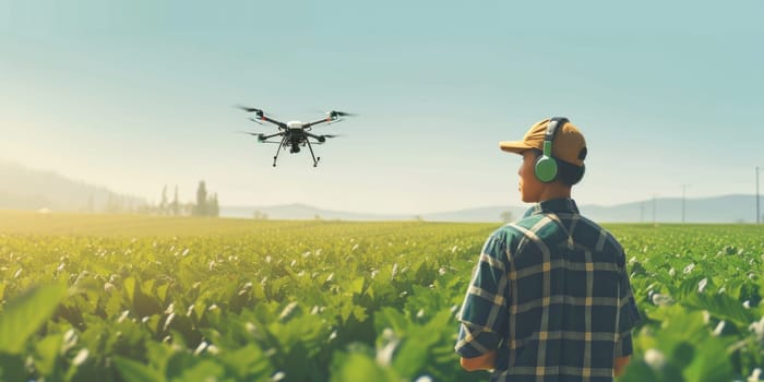 Skilled farmer standing at rice field sunset and using drone to inspect crop. Smart agricultural people or researcher checking his crop while standing at farm. Agriculture sustainable concept. AIG42.