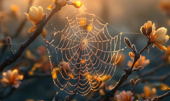 Close-up of a spider web woven on a tree branch. Selective focus.