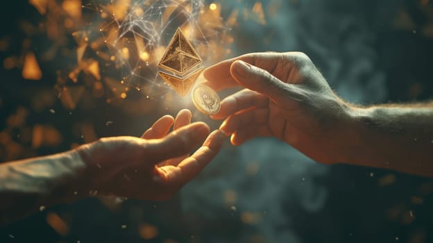 Close up of business man hand exchanging money to cryptocurrency. Investor changing coin currency with digital coin with hologram of abstract financial investment trading or shiny gold coin. AIG42.