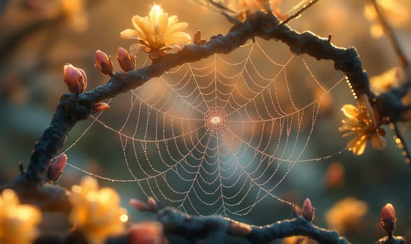 Close-up of a spider web woven on a tree branch. Selective focus.