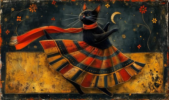 Illustration of a black cat on a colored background. Selective focus.