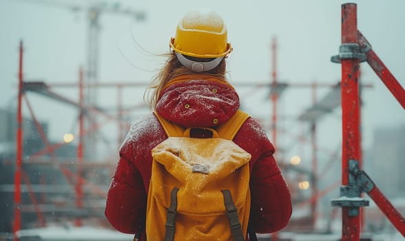 A woman wearing a bright yellow and red jacket with a matching backpack.