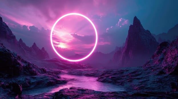 The great pink floating circle beyond the river that surrounded with a lot amount of the tall mountains at the dawn or dusk time of the day that shine light to the every part of the picture. AIGX03.