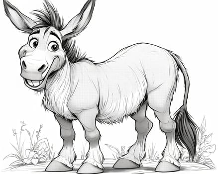 Black and white illustration for coloring animals, donkey. Selective soft focus.