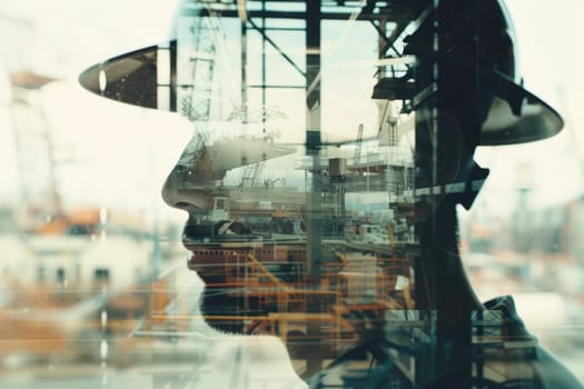 Double exposure of engineer wearing safety helmet with building construction or skyscraper. Close up portrait of architect or interior designer thinking about designing architectural building. AIG42.