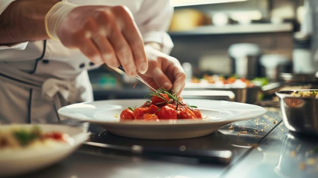 Professional smart chef preparing and garnishing main dish in modern kitchen. Stressed cook in white uniform decorating food or plating food at commercial kitchen while standing behind counter. AIG42.