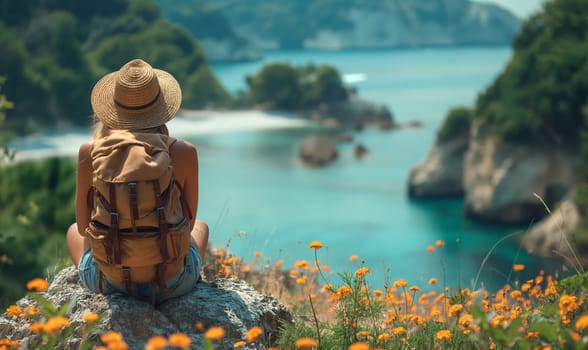 A person sits on a rock, wearing a backpack, against a natural backdrop.