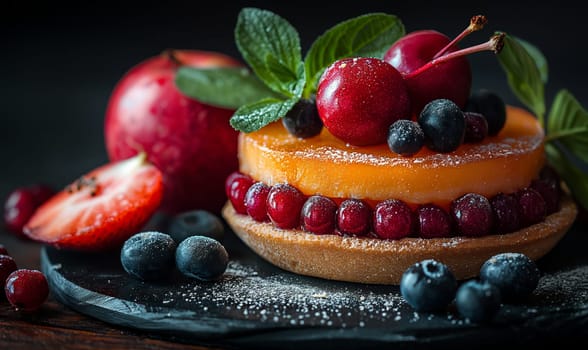 Plate with a cake covered in assorted fruit slices. Selective focus.
