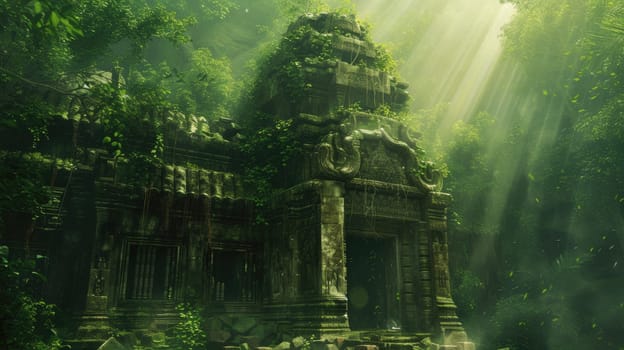 An ancient ruin on a misty mountain, with forgotten temples and overgrown paths. A mysterious fog envelops the scene, creating a sense of mystery and age. Resplendent.