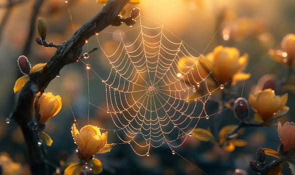 Close-up of a spider web woven on a tree branch. Selective focus.
