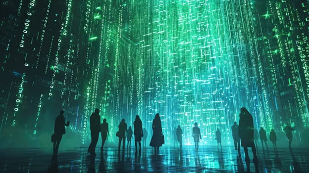 The picture of the group people that has been walking into the endless walkway that has been raining with the digital matrix green binary rain of code that seem like people search something. AIGX01.