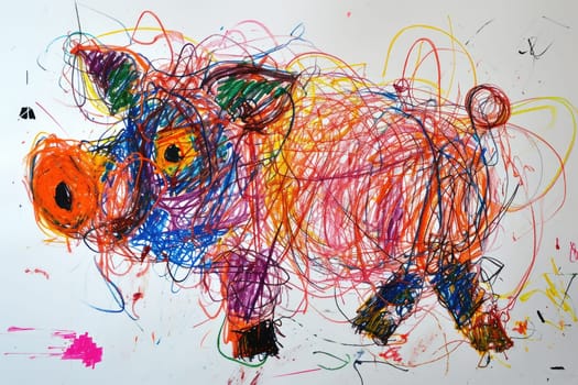 The hand drawing colourful picture of the pig that has been drawn by the colored pencil, crayon or chalk on the white blank background that seem to be drawn by the child that willing to draw. AIGX01.