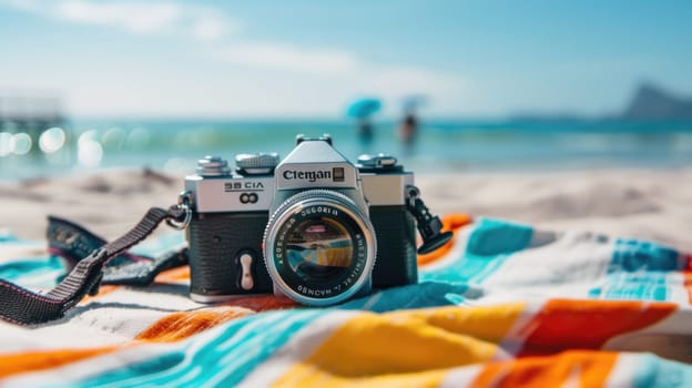 A camera is placed on a blanket at the beach, with the camera lens pointing towards the sea. It appears to be a digital camera, possibly a pointandshoot or mirrorless interchangeablelens camera AIG50