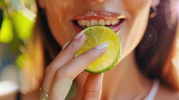 With a smile, she takes a bite of the sour lime, feeling happy as the juice drips down her chin. Her surfer hair flutters in the breeze, while the grass tickles her bare feet AIG50
