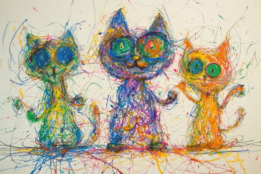 The hand drawing colourful picture of the group of the various type of the cat that has been drawn by the colored pencil or crayon on the white background that seem to be drawn by the child. AIGX01.