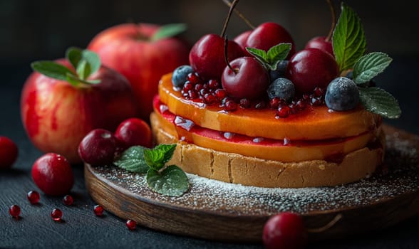 Plate with a cake covered in assorted fruit slices. Selective focus.
