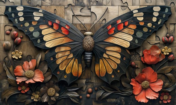 A painting depicting a butterfly surrounded by colorful flowers.
