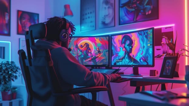 A creative professional is deeply focused on editing visual media on a computer, surrounded by a vibrant and artistic workspace. AIG41