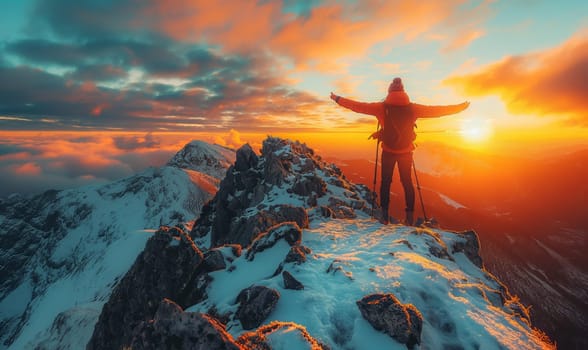 A person stands triumphantly on top of a snowy mountain peak.