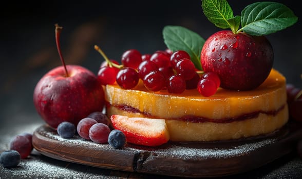 Plate with a cake covered in assorted fruit slices. Selective focus.