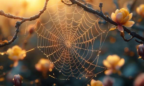 Detailed close-up of a spider web intricately woven on a tree branch.