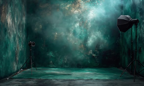 A green room with two lights and a tripod set up for filming or photography.