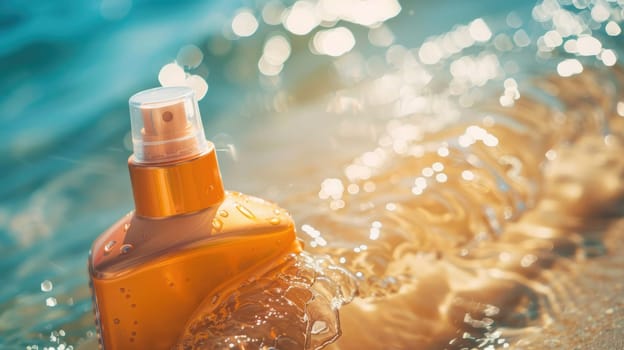 A bottle of orange juice splashes into the ocean, blending with the water and sky. The fluid travels towards the horizon, creating a natural art in the landscape AIG50