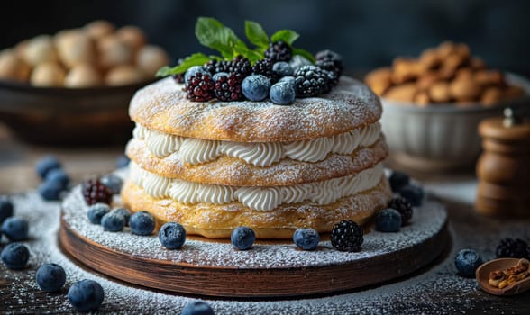 A cake topped with blueberries and powdered sugar. Selective focus.