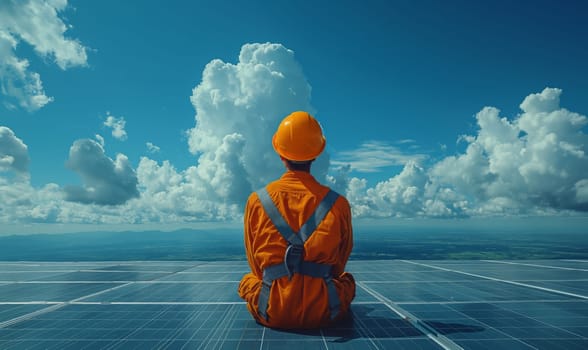 A man in an orange jacket sitting on a solar panel in a sunny environment.