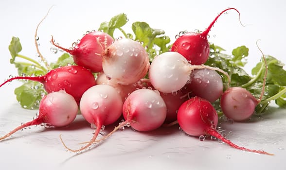 Several radishes covered in water droplets, enhancing their freshness and texture.
