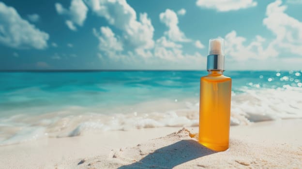 A bottle of perfume rests on the sandy beach as the sun sets over the tranquil water, casting a dreamy light on the fluid horizon and painting the sky with soft clouds AIG50