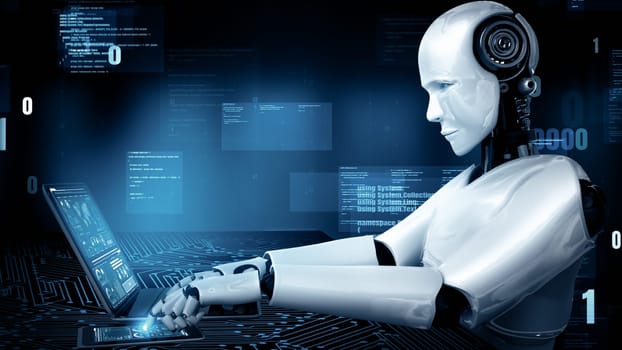 MLP 3d illustration Futuristic robot artificial intelligence huminoid AI programming coding technology development and machine learning concept. Robotic bionic science research for future of human life. 3D rendering.