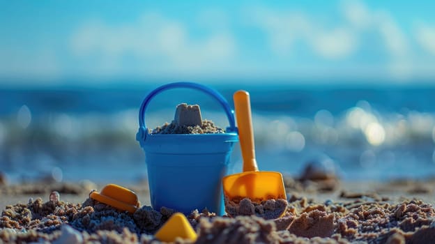 An orange bucket and shovel are resting on the sandy beach, surrounded by azure water and a clear sky in a coastal ecoregion. A perfect spot for leisure and travel in this natural coastal landscape AIG50